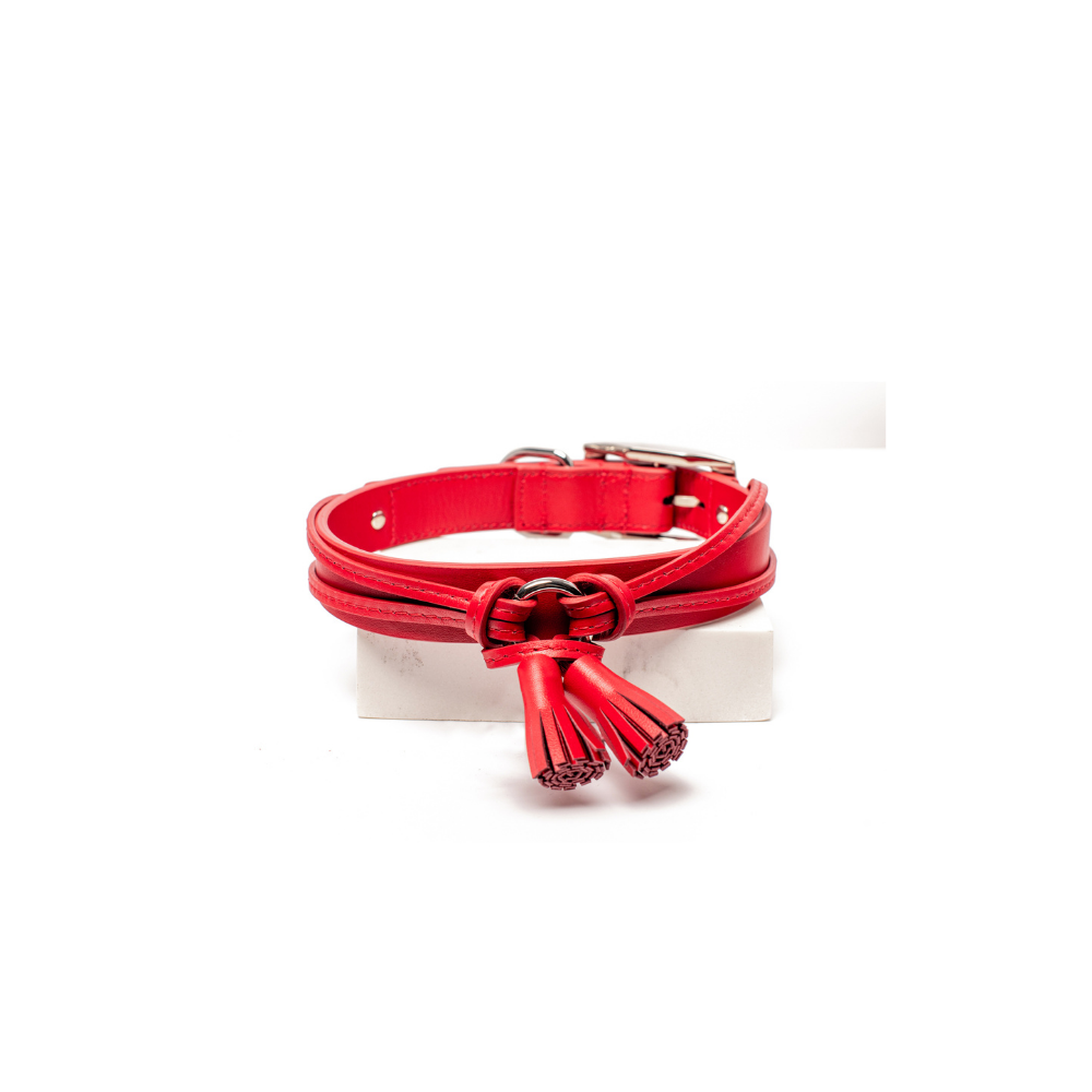 Rufus & Coco's Paris red leather dog collar is made from 100% quality leather. Each collar is finished with red stitching, matching leather tassels and premium silver hardware for style and durability. This fashionable red leather dog collar is available in 4 sizes.