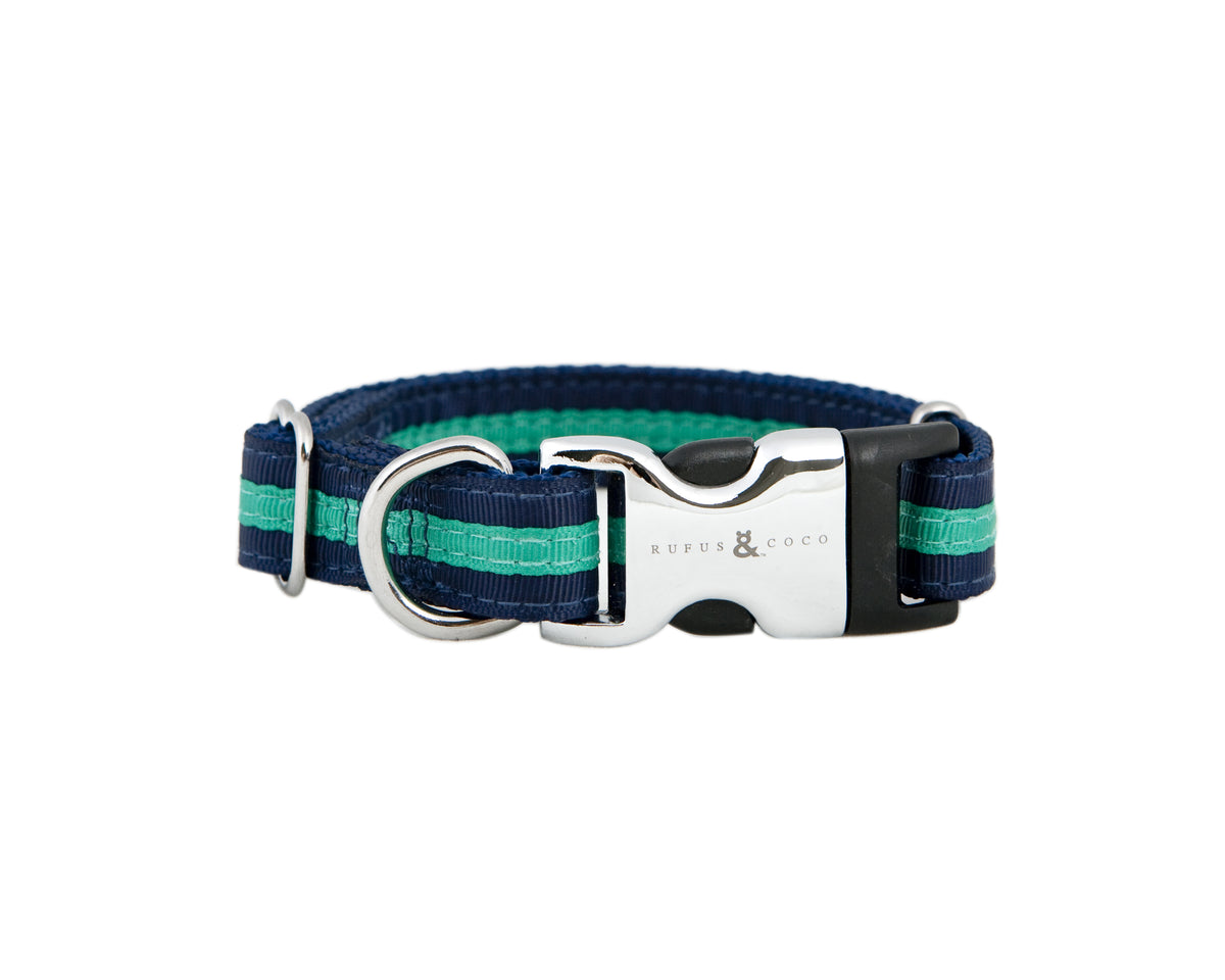 Our gorgeous Bronte Collar is a best-seller! The premium striped nylon collar has a signature R&C silver etched clip, and makes a bold colour statement.Our best selling premium striped nylon dog collar. Comes with a signature Rufus and Coco silver etched clip. Availabe in 4 colours and 2 sizes. To ensure that you have the correct collar size, measure your dog's neck and allow one finger space between the collar and your dog's neck.