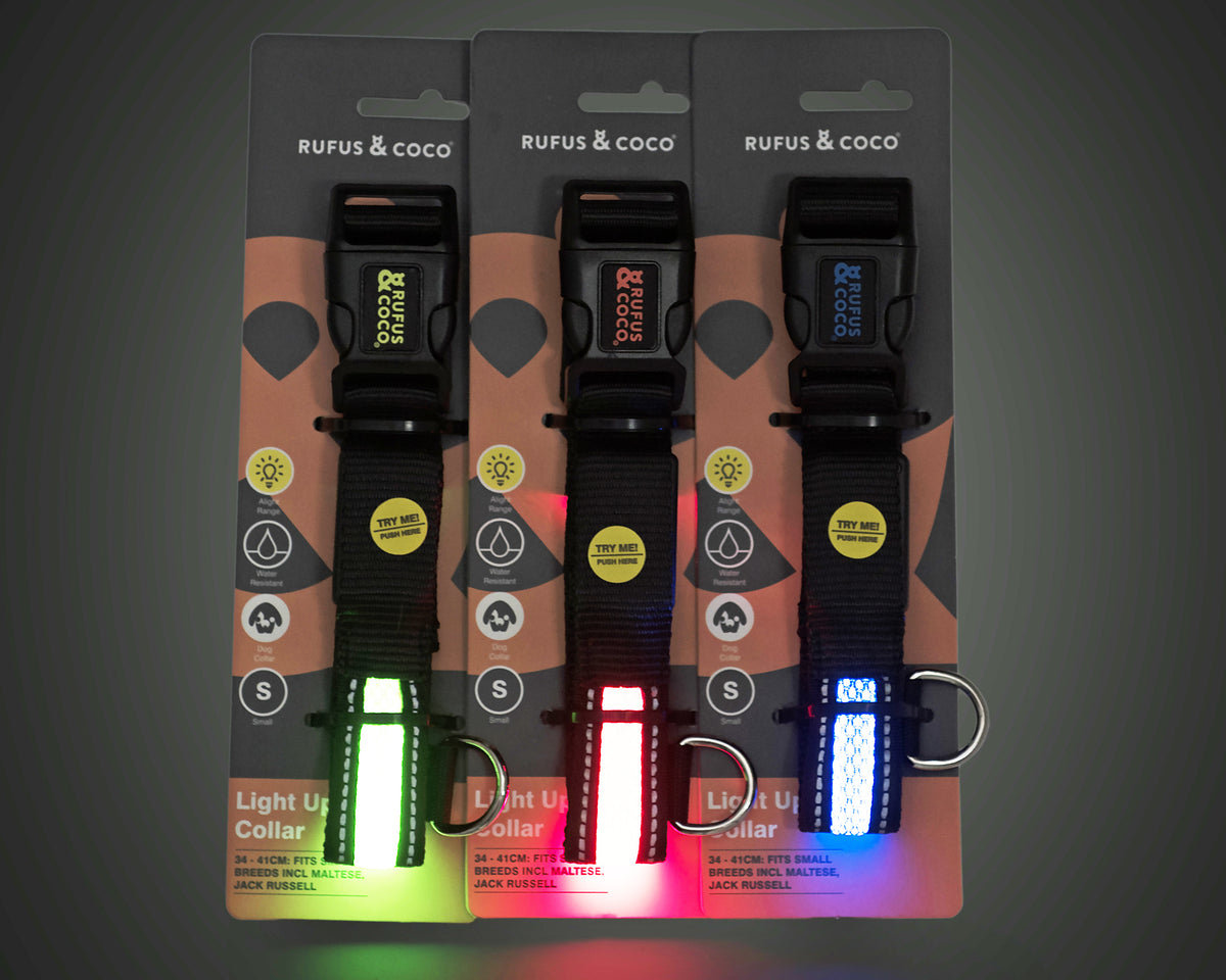 The light-up dog collar is designed to keep your pet safe. With flashing and constant LED light settings to help you and your dog be seen at night. Made from durable nylon, the light-up dog collar is water-resistant and perfect for dogs who like to get messy. Available in 3 colours.