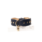 Rufus & Coco's Berlin Navy leather dog collar is made from 100% quality leather. Each collar is finished with premium gold hardware and studs for style and durability. The Navy leather dog collar is available in 4 sizes.