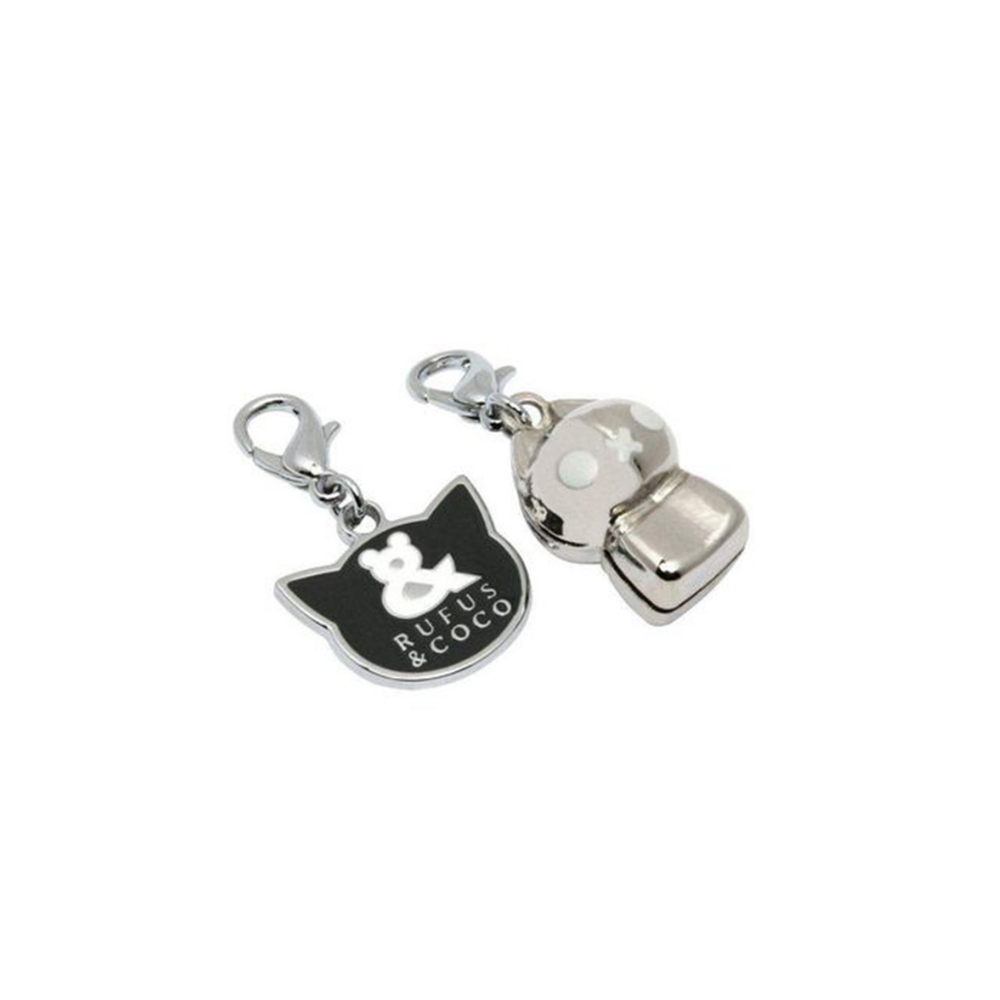 Cat ID Tag and Bell in Rufus and Coco's signatre design. The charcoal and white cat ID tag is ideal for engraving your cat's contact details, it also features a safety bell to ensure the safety of birds and wildlife.