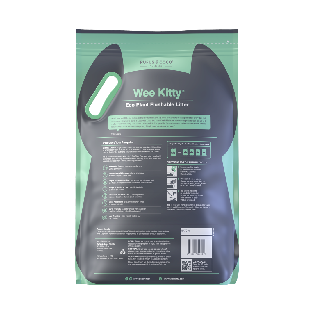 Biodegradable and flushable cat litter made from wheat and soy. Wee Kitty Eco Plant Clumping Cat Litter absorbs 4 times its weight in liquid, lasts longer and has incredible odour control.