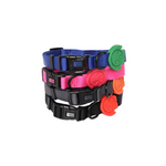 Rufus and Coco's Signature Rufus dog collar features sporty high quality nylon fabric with a colourful logo stamp. Adjustable fit. Suitable and durable for active dogs. Available in 4 colours - blue, black, grey and pink.