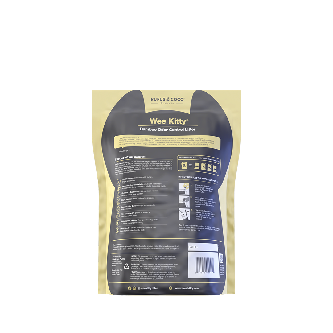 Wee Kitty® Bamboo Odor Control Litter is made with sustainable bamboo fibres and charcoal infused pellets that trap ammonia odour within 5 minutes and control faecal odour for a happy home.