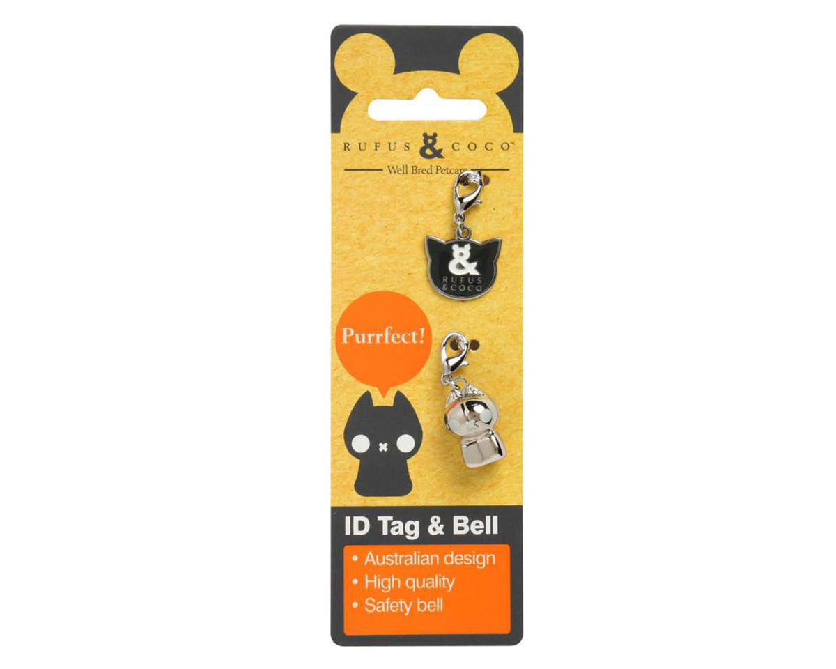 Cat ID Tag and Bell in Rufus and Coco's signatre design. The charcoal and white cat ID tag is ideal for engraving your cat's contact details, it also features a safety bell to ensure the safety of birds and wildlife.
