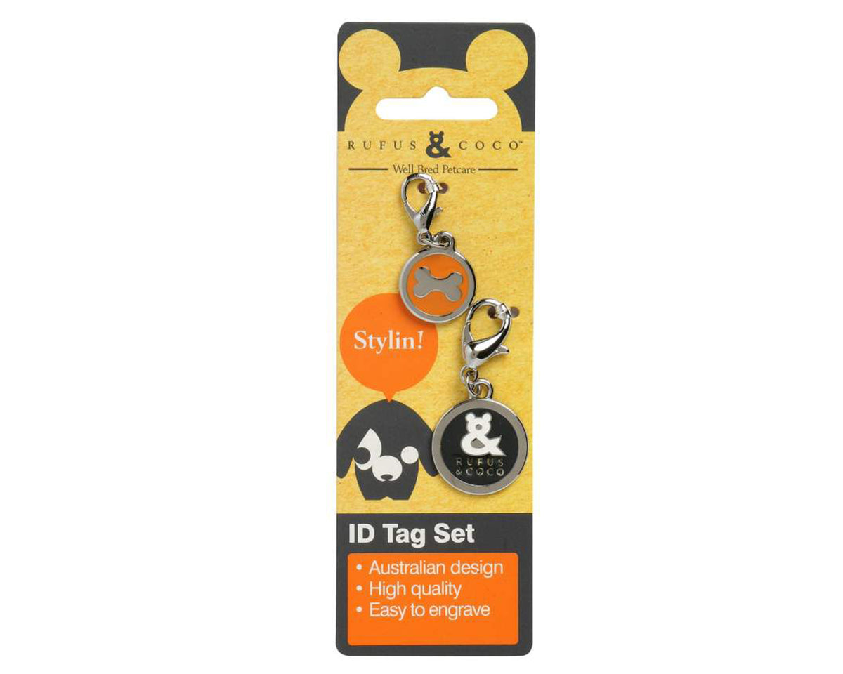 Set of two dog identification tags, ideal for engraving your dog's contact details and adds a touch of fun to any dog collar.